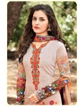 Salwar Suit- Pure Cotton with  Embroidery and Self Print - SandyBrown  (Un Stitched)